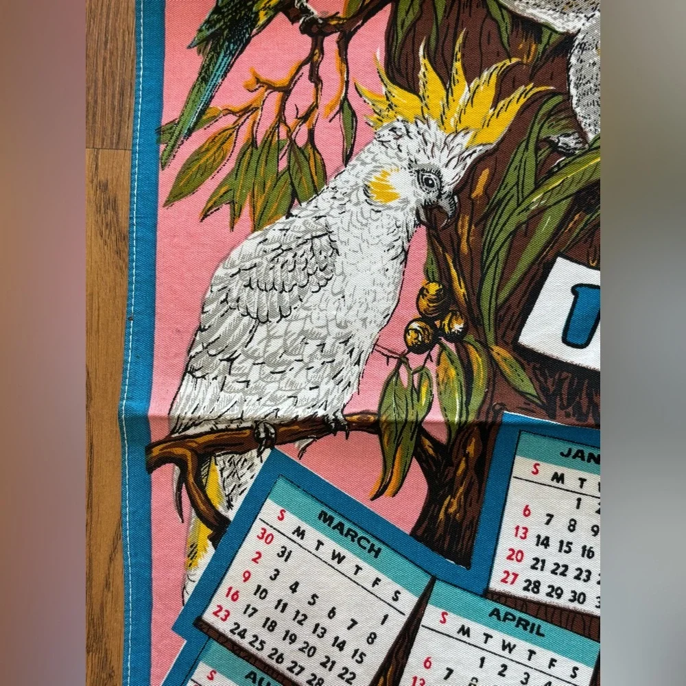 Vintage Pink Calendar Tea Towel 1980 Australia Cotton 28”x17.5” Koalas Birds